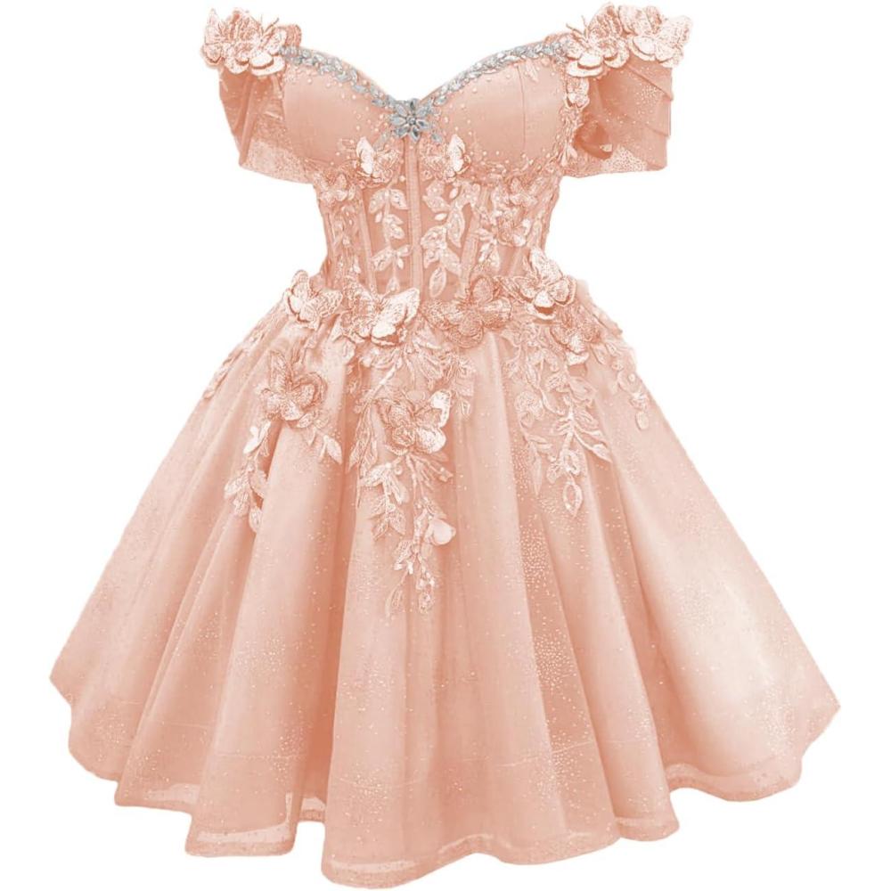 imageYoujiayi 3D Butterfly Short Homecoming Dresses Lace Sequin DAMA Dress for Quinceanera Off Shoulder Short Prom Gown for TeensBlush Pink