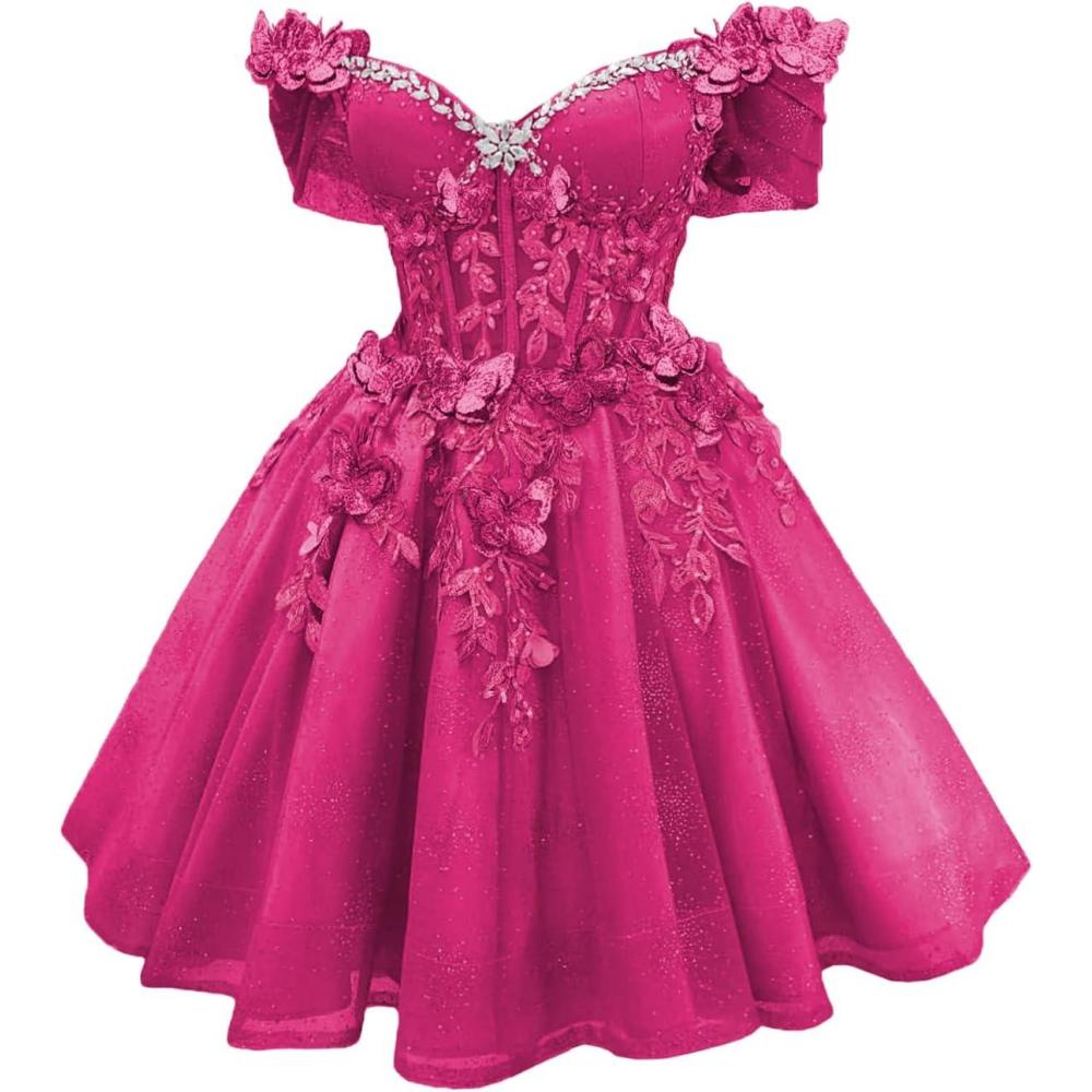 imageYoujiayi 3D Butterfly Short Homecoming Dresses Lace Sequin DAMA Dress for Quinceanera Off Shoulder Short Prom Gown for TeensBright Pink