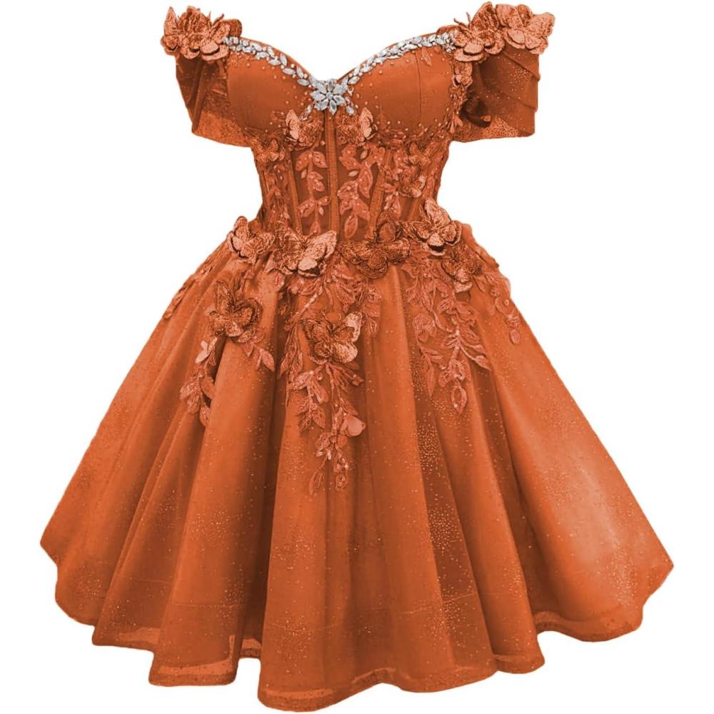 imageYoujiayi 3D Butterfly Short Homecoming Dresses Lace Sequin DAMA Dress for Quinceanera Off Shoulder Short Prom Gown for TeensBurnt Orange