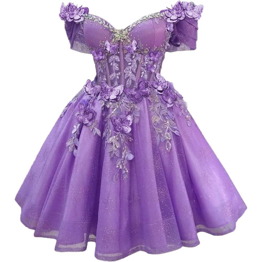 imageYoujiayi 3D Butterfly Short Homecoming Dresses Lace Sequin DAMA Dress for Quinceanera Off Shoulder Short Prom Gown for TeensDark Lavender