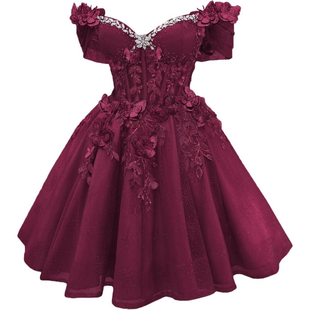 imageYoujiayi 3D Butterfly Short Homecoming Dresses Lace Sequin DAMA Dress for Quinceanera Off Shoulder Short Prom Gown for TeensDeep Burgundy