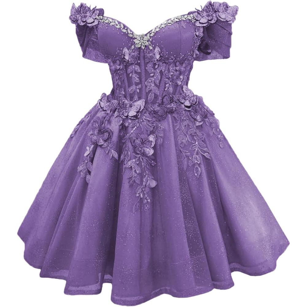 imageYoujiayi 3D Butterfly Short Homecoming Dresses Lace Sequin DAMA Dress for Quinceanera Off Shoulder Short Prom Gown for TeensDusty Purple