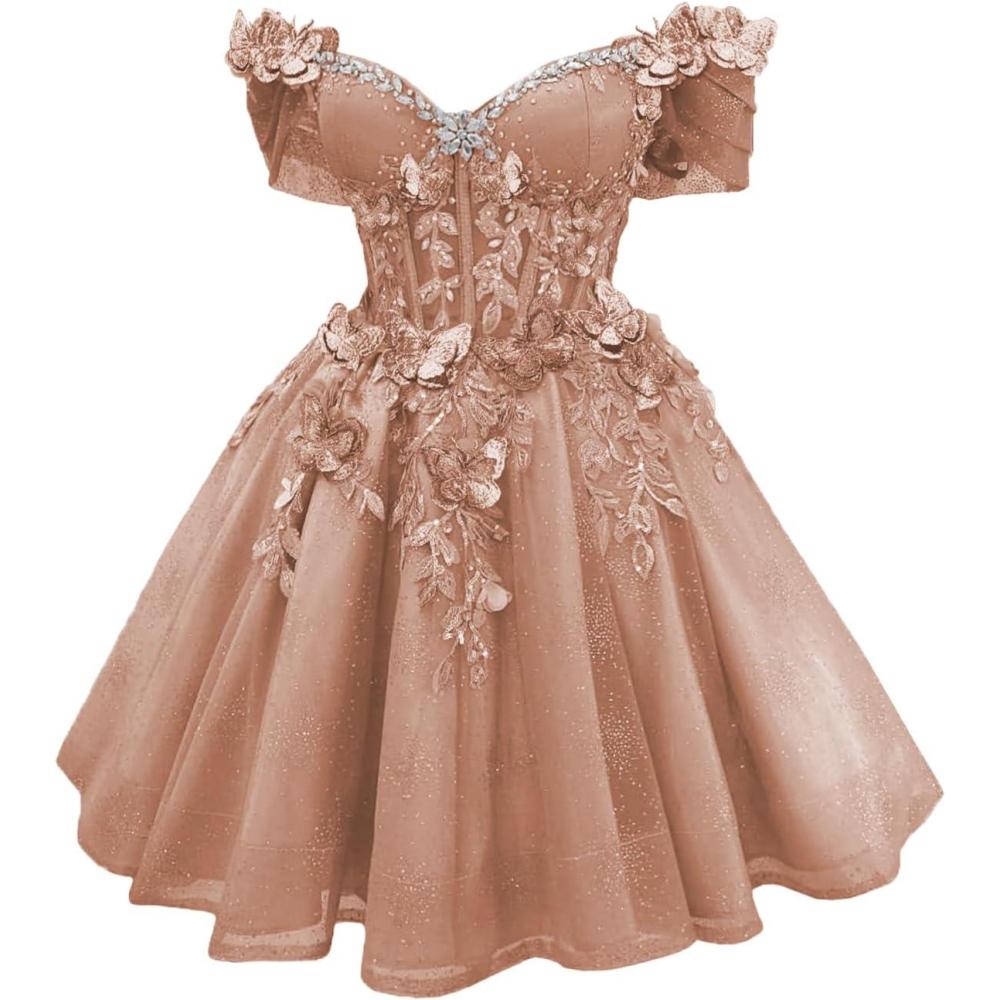imageYoujiayi 3D Butterfly Short Homecoming Dresses Lace Sequin DAMA Dress for Quinceanera Off Shoulder Short Prom Gown for TeensDusty Rose