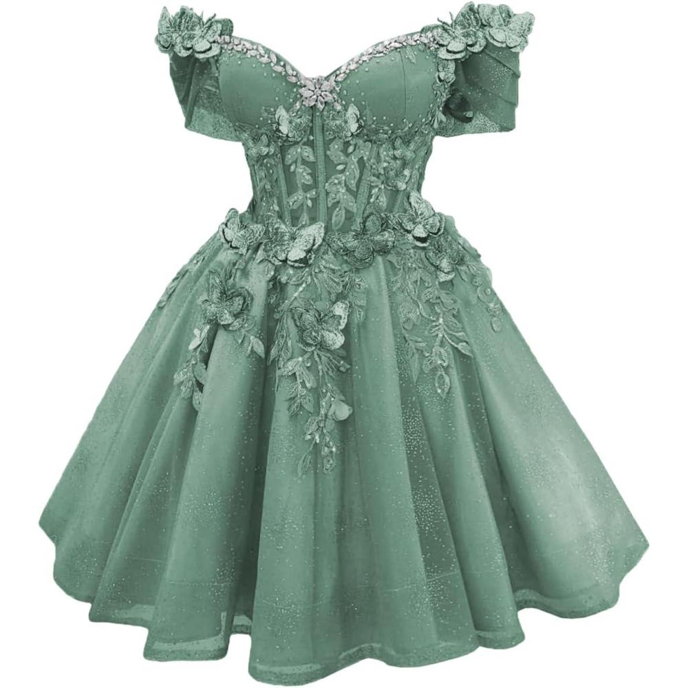 imageYoujiayi 3D Butterfly Short Homecoming Dresses Lace Sequin DAMA Dress for Quinceanera Off Shoulder Short Prom Gown for TeensDusty Sage
