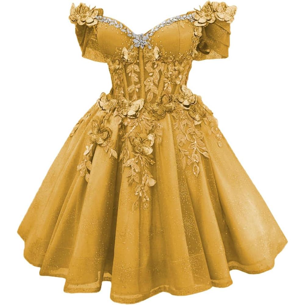 imageYoujiayi 3D Butterfly Short Homecoming Dresses Lace Sequin DAMA Dress for Quinceanera Off Shoulder Short Prom Gown for TeensGold