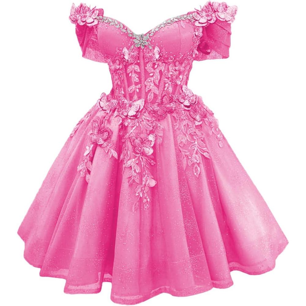 imageYoujiayi 3D Butterfly Short Homecoming Dresses Lace Sequin DAMA Dress for Quinceanera Off Shoulder Short Prom Gown for TeensHot Pink