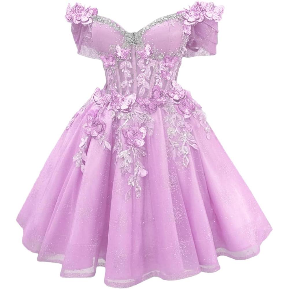 imageYoujiayi 3D Butterfly Short Homecoming Dresses Lace Sequin DAMA Dress for Quinceanera Off Shoulder Short Prom Gown for TeensLilac