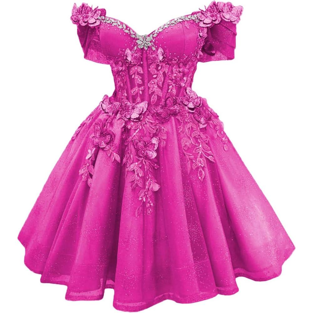imageYoujiayi 3D Butterfly Short Homecoming Dresses Lace Sequin DAMA Dress for Quinceanera Off Shoulder Short Prom Gown for TeensMagenta