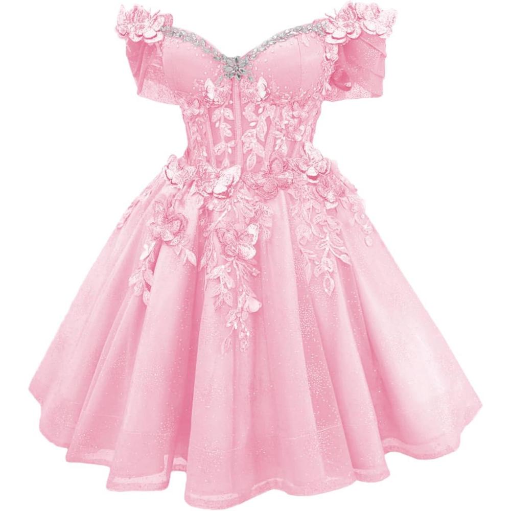 imageYoujiayi 3D Butterfly Short Homecoming Dresses Lace Sequin DAMA Dress for Quinceanera Off Shoulder Short Prom Gown for TeensPink