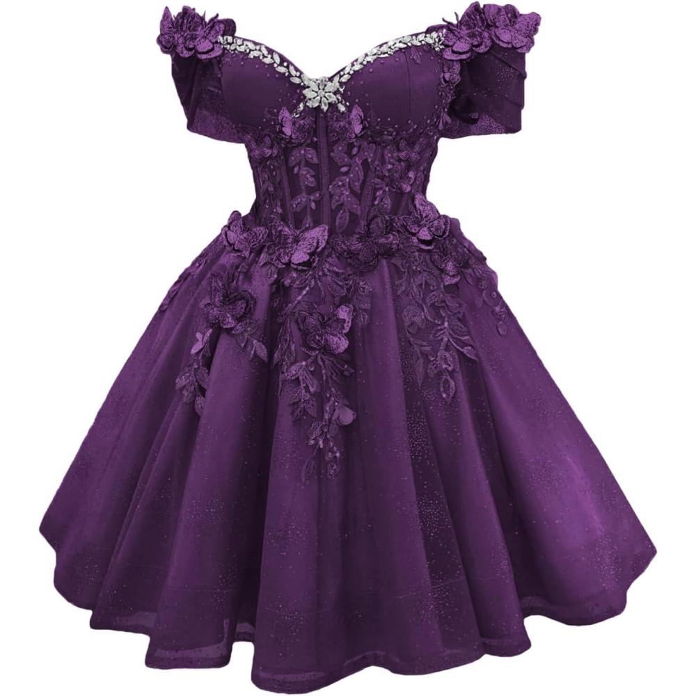 imageYoujiayi 3D Butterfly Short Homecoming Dresses Lace Sequin DAMA Dress for Quinceanera Off Shoulder Short Prom Gown for TeensPlum
