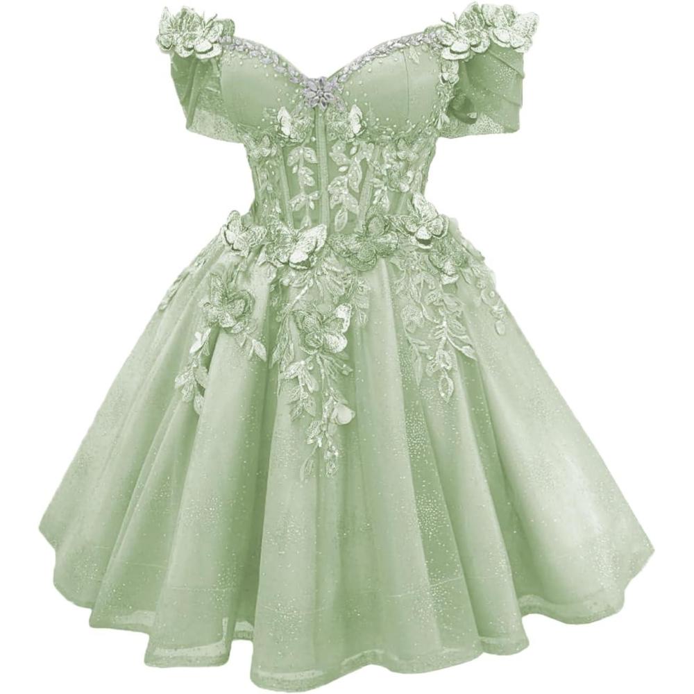 imageYoujiayi 3D Butterfly Short Homecoming Dresses Lace Sequin DAMA Dress for Quinceanera Off Shoulder Short Prom Gown for TeensSage