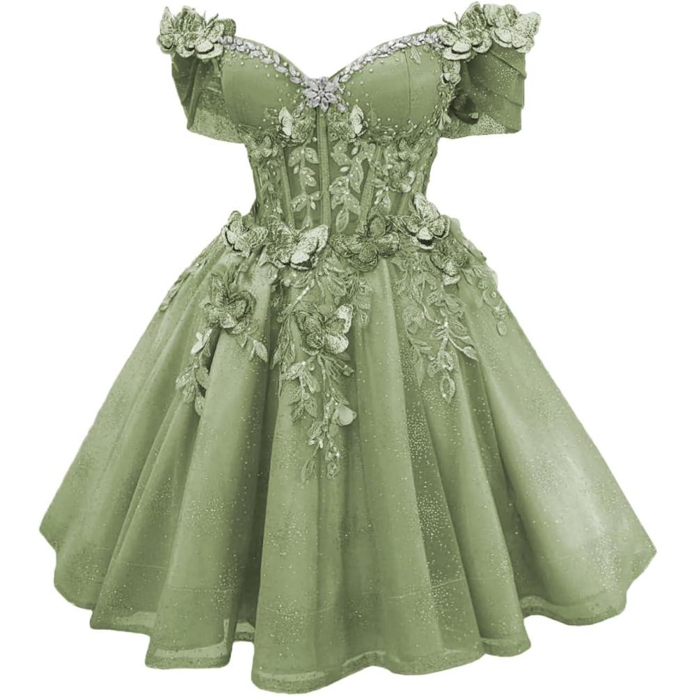 imageYoujiayi 3D Butterfly Short Homecoming Dresses Lace Sequin DAMA Dress for Quinceanera Off Shoulder Short Prom Gown for TeensSage Green