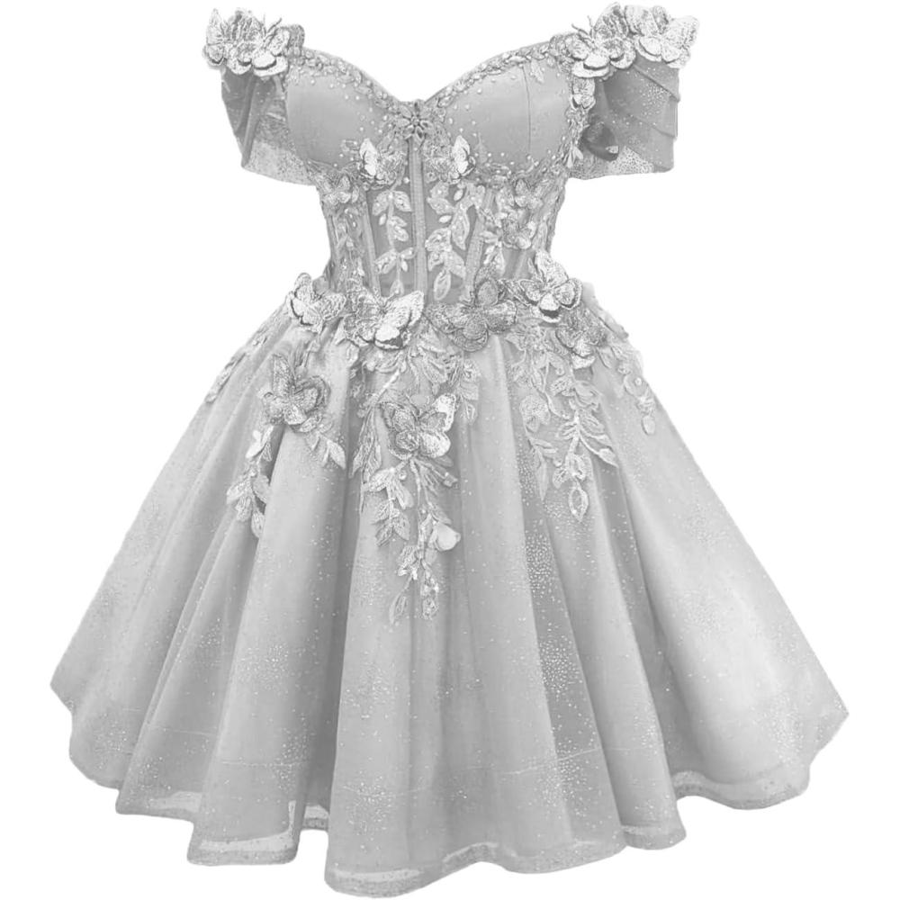 imageYoujiayi 3D Butterfly Short Homecoming Dresses Lace Sequin DAMA Dress for Quinceanera Off Shoulder Short Prom Gown for TeensSilver
