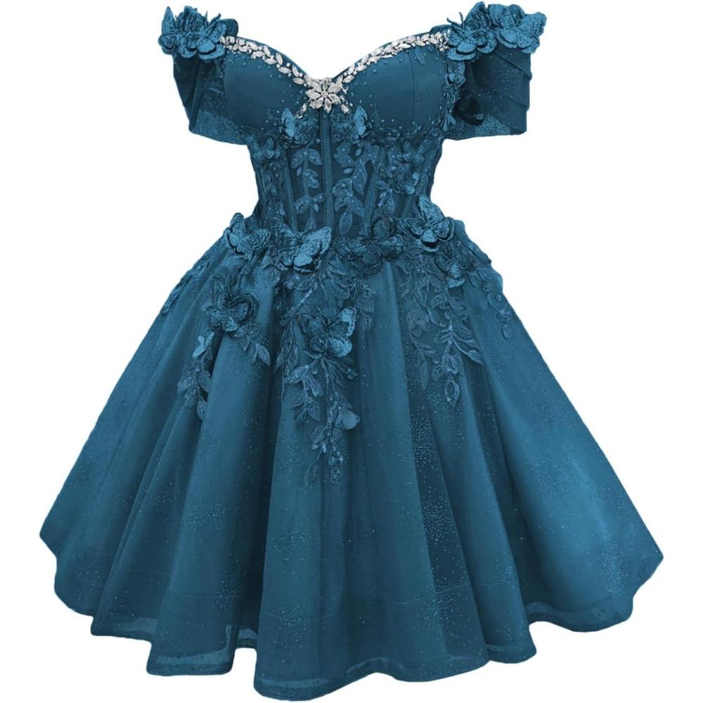 imageYoujiayi 3D Butterfly Short Homecoming Dresses Lace Sequin DAMA Dress for Quinceanera Off Shoulder Short Prom Gown for TeensTeal