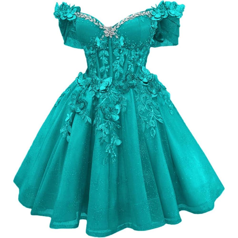 imageYoujiayi 3D Butterfly Short Homecoming Dresses Lace Sequin DAMA Dress for Quinceanera Off Shoulder Short Prom Gown for TeensTurquoise