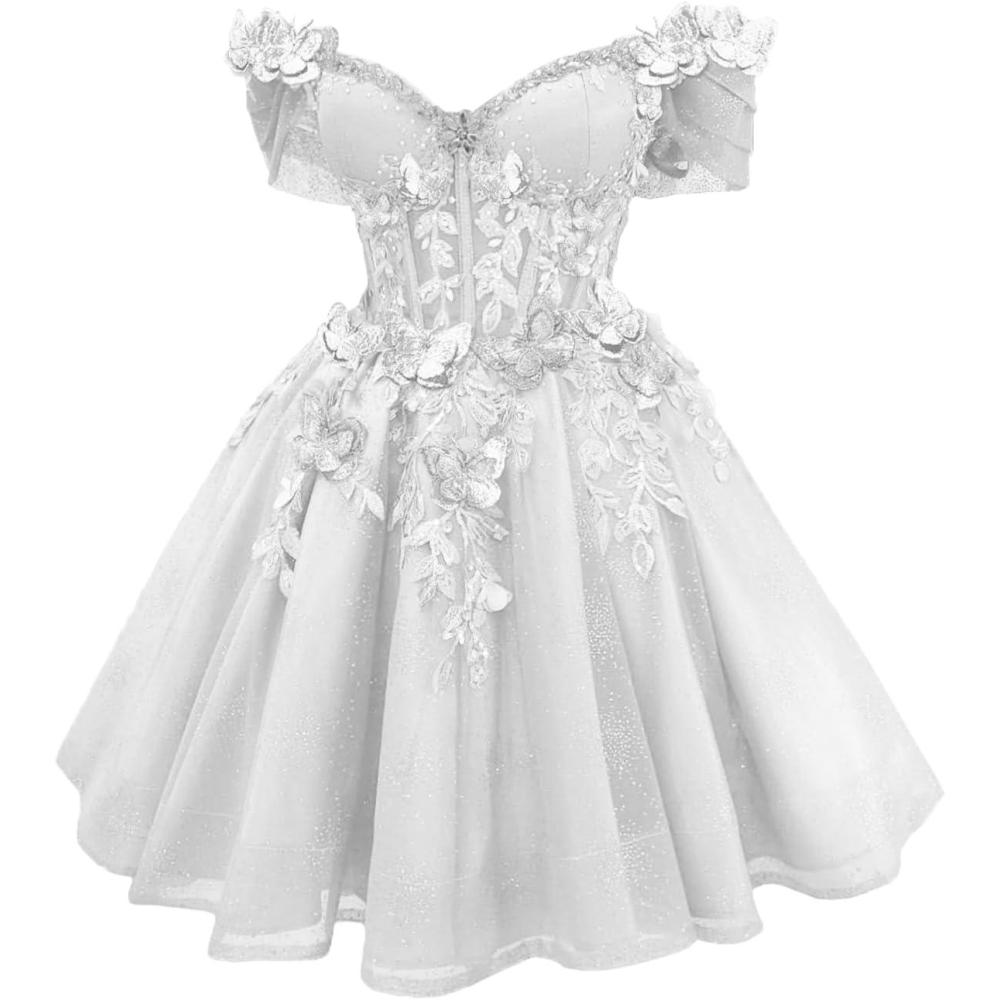 imageYoujiayi 3D Butterfly Short Homecoming Dresses Lace Sequin DAMA Dress for Quinceanera Off Shoulder Short Prom Gown for TeensWhite