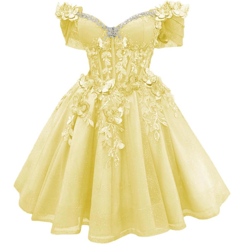 imageYoujiayi 3D Butterfly Short Homecoming Dresses Lace Sequin DAMA Dress for Quinceanera Off Shoulder Short Prom Gown for TeensYellow