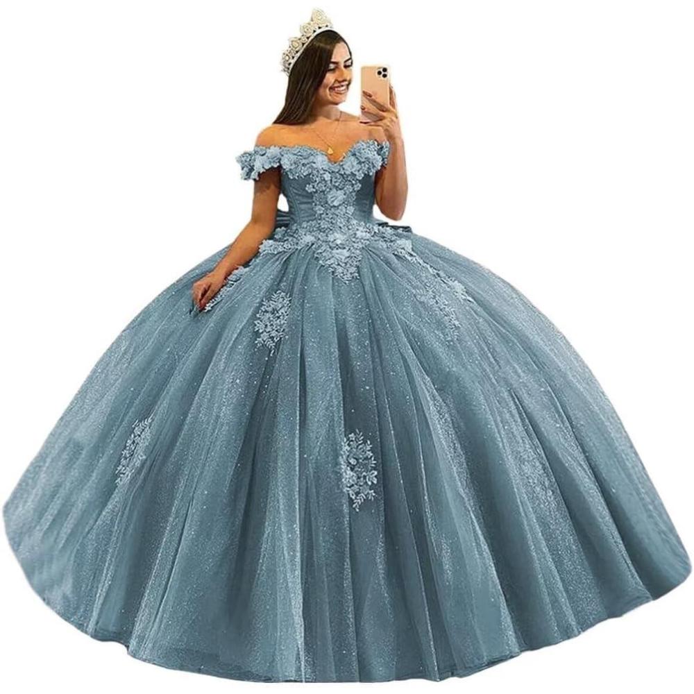 imageYoujiayi 3D Floral Quinceanera Dresses with Bow Off Shoulder Beaded Sweet 16 Dresses Puffy Lace Appliques Long Ball GownDusty Blue