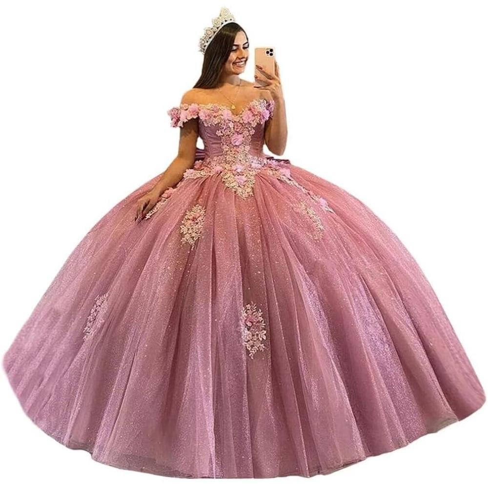 imageYoujiayi 3D Floral Quinceanera Dresses with Bow Off Shoulder Beaded Sweet 16 Dresses Puffy Lace Appliques Long Ball GownDusty Rose