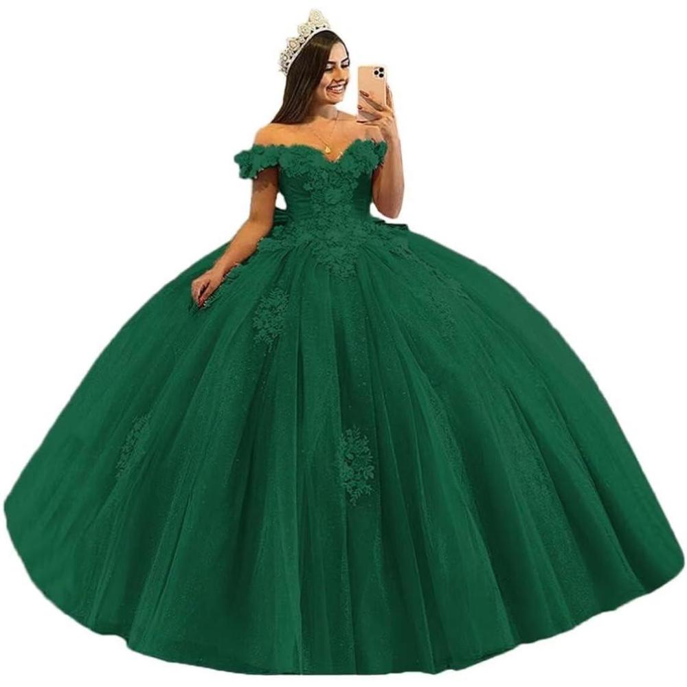 imageYoujiayi 3D Floral Quinceanera Dresses with Bow Off Shoulder Beaded Sweet 16 Dresses Puffy Lace Appliques Long Ball GownEmerald Green
