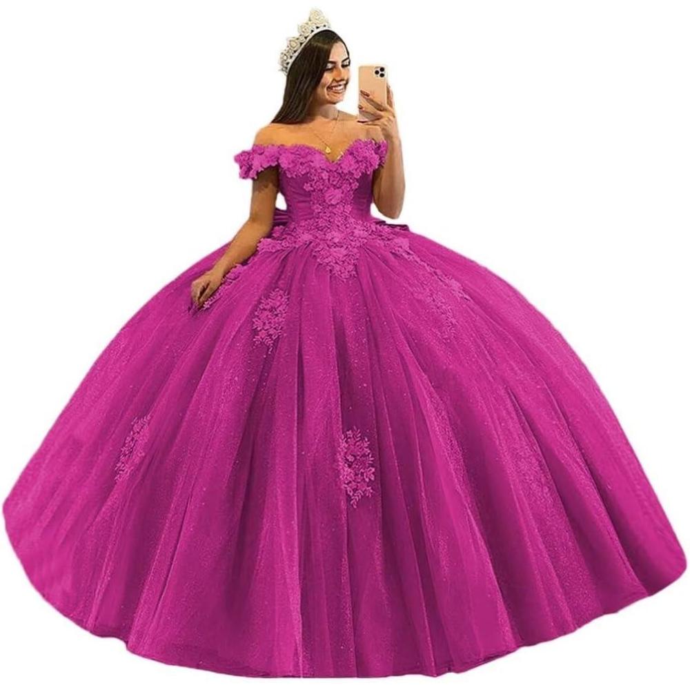 imageYoujiayi 3D Floral Quinceanera Dresses with Bow Off Shoulder Beaded Sweet 16 Dresses Puffy Lace Appliques Long Ball GownFuchsia