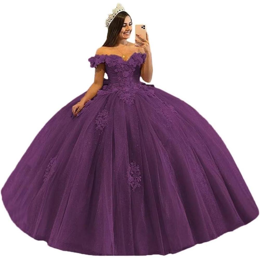 imageYoujiayi 3D Floral Quinceanera Dresses with Bow Off Shoulder Beaded Sweet 16 Dresses Puffy Lace Appliques Long Ball GownGrape