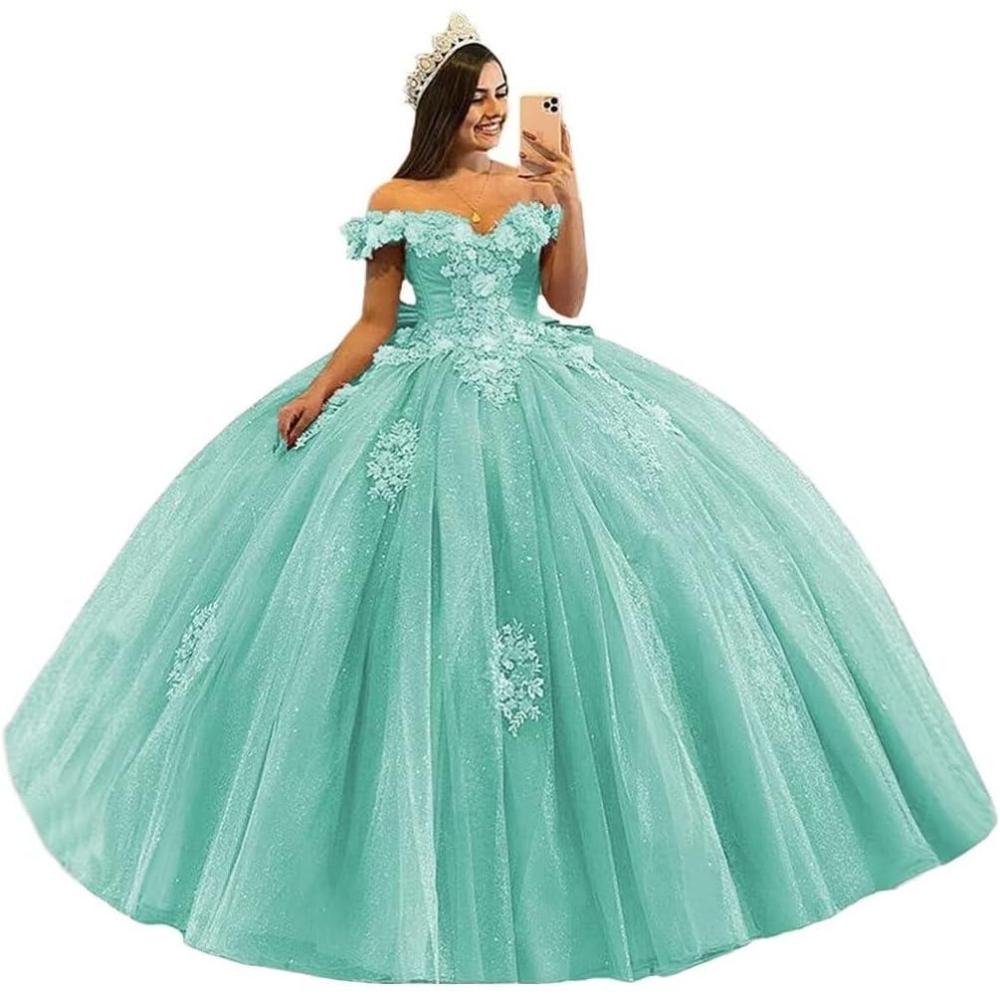 imageYoujiayi 3D Floral Quinceanera Dresses with Bow Off Shoulder Beaded Sweet 16 Dresses Puffy Lace Appliques Long Ball GownLight Mint