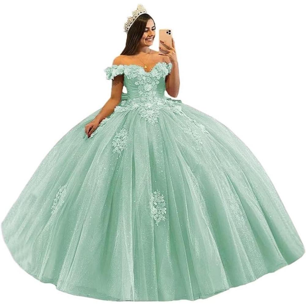 imageYoujiayi 3D Floral Quinceanera Dresses with Bow Off Shoulder Beaded Sweet 16 Dresses Puffy Lace Appliques Long Ball GownMint