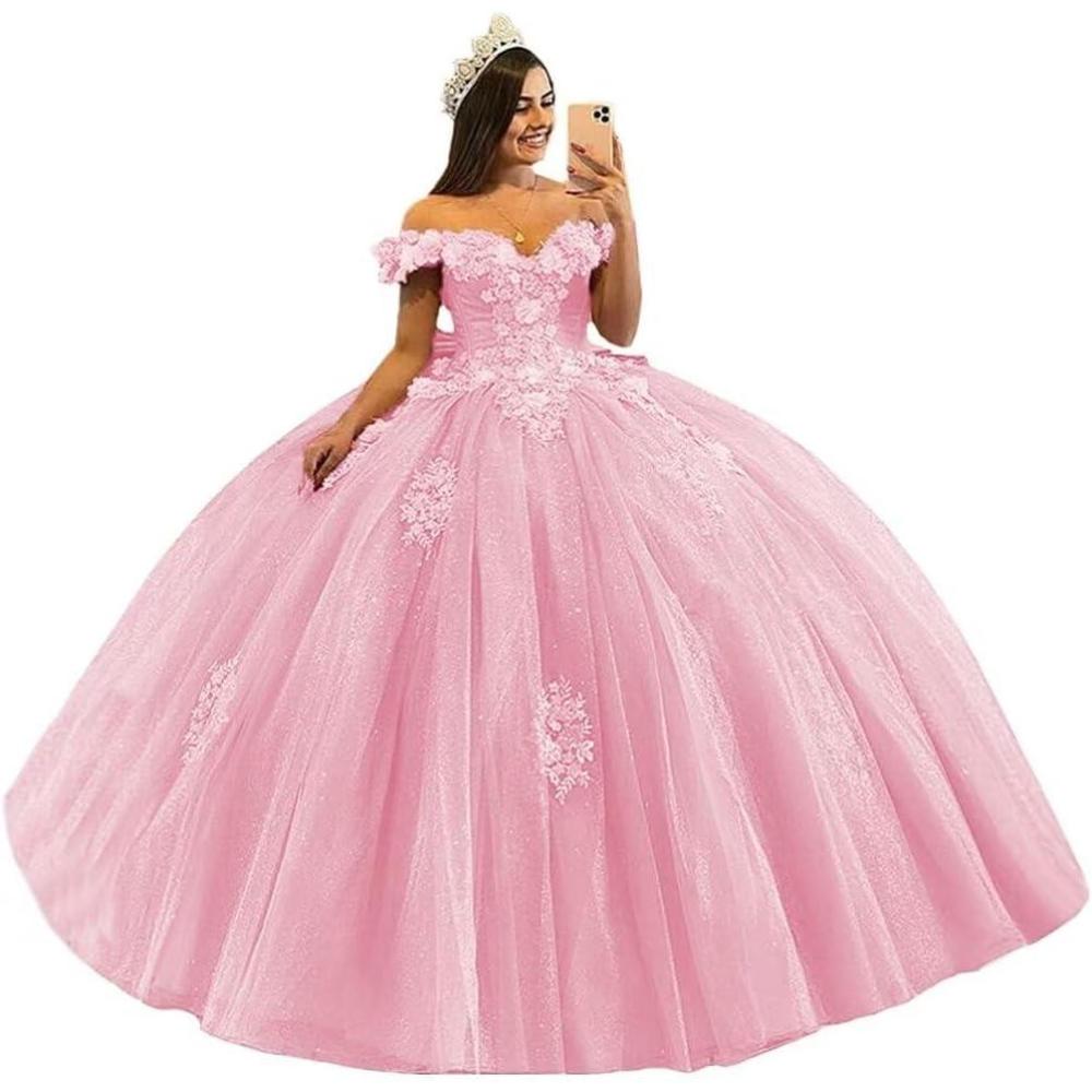 imageYoujiayi 3D Floral Quinceanera Dresses with Bow Off Shoulder Beaded Sweet 16 Dresses Puffy Lace Appliques Long Ball GownPink