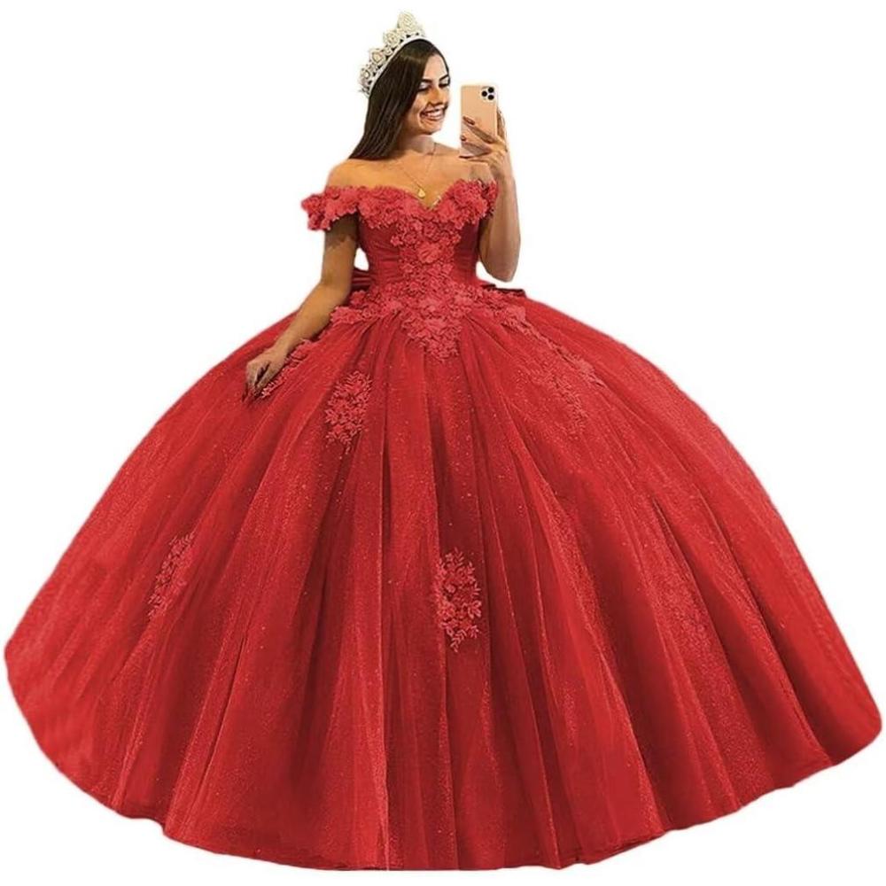 imageYoujiayi 3D Floral Quinceanera Dresses with Bow Off Shoulder Beaded Sweet 16 Dresses Puffy Lace Appliques Long Ball GownRed