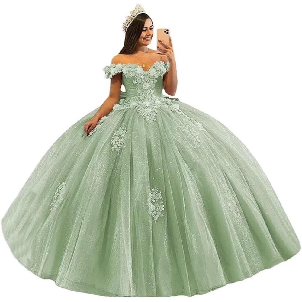 imageYoujiayi 3D Floral Quinceanera Dresses with Bow Off Shoulder Beaded Sweet 16 Dresses Puffy Lace Appliques Long Ball GownSage Green
