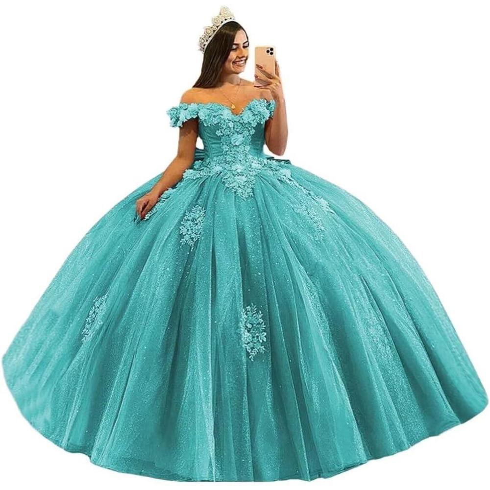 imageYoujiayi 3D Floral Quinceanera Dresses with Bow Off Shoulder Beaded Sweet 16 Dresses Puffy Lace Appliques Long Ball GownTurquoise