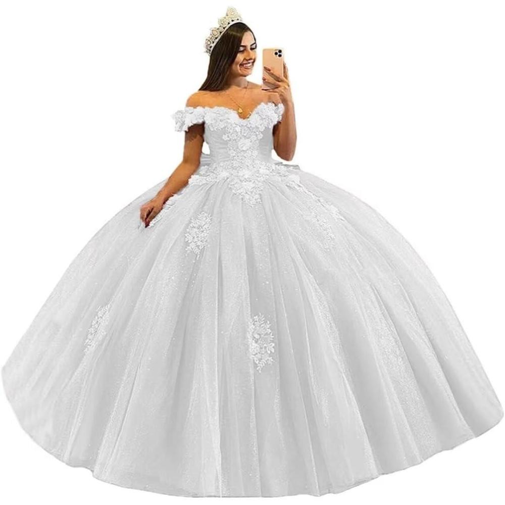imageYoujiayi 3D Floral Quinceanera Dresses with Bow Off Shoulder Beaded Sweet 16 Dresses Puffy Lace Appliques Long Ball GownWhite