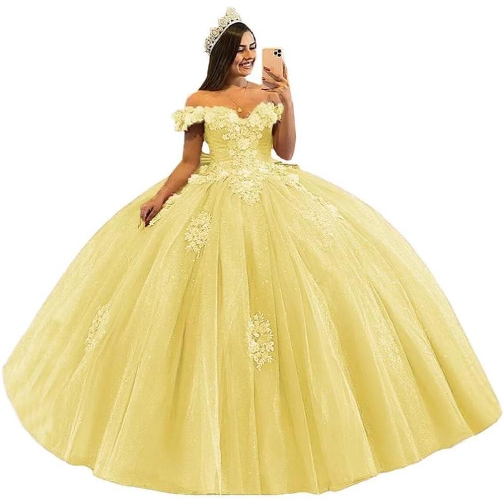 imageYoujiayi 3D Floral Quinceanera Dresses with Bow Off Shoulder Beaded Sweet 16 Dresses Puffy Lace Appliques Long Ball GownYellow