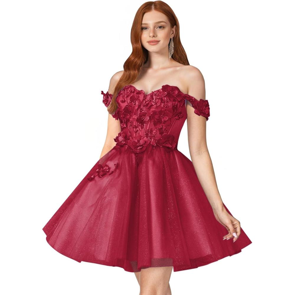 imageYoujiayi 3D Floral Short Homecoming Dresses for Teens Off Shoulder DAMA Dress for Quinceanera Puffy Beaded Short Prom GownBurgundy