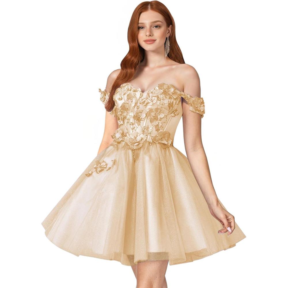 imageYoujiayi 3D Floral Short Homecoming Dresses for Teens Off Shoulder DAMA Dress for Quinceanera Puffy Beaded Short Prom GownChampagne
