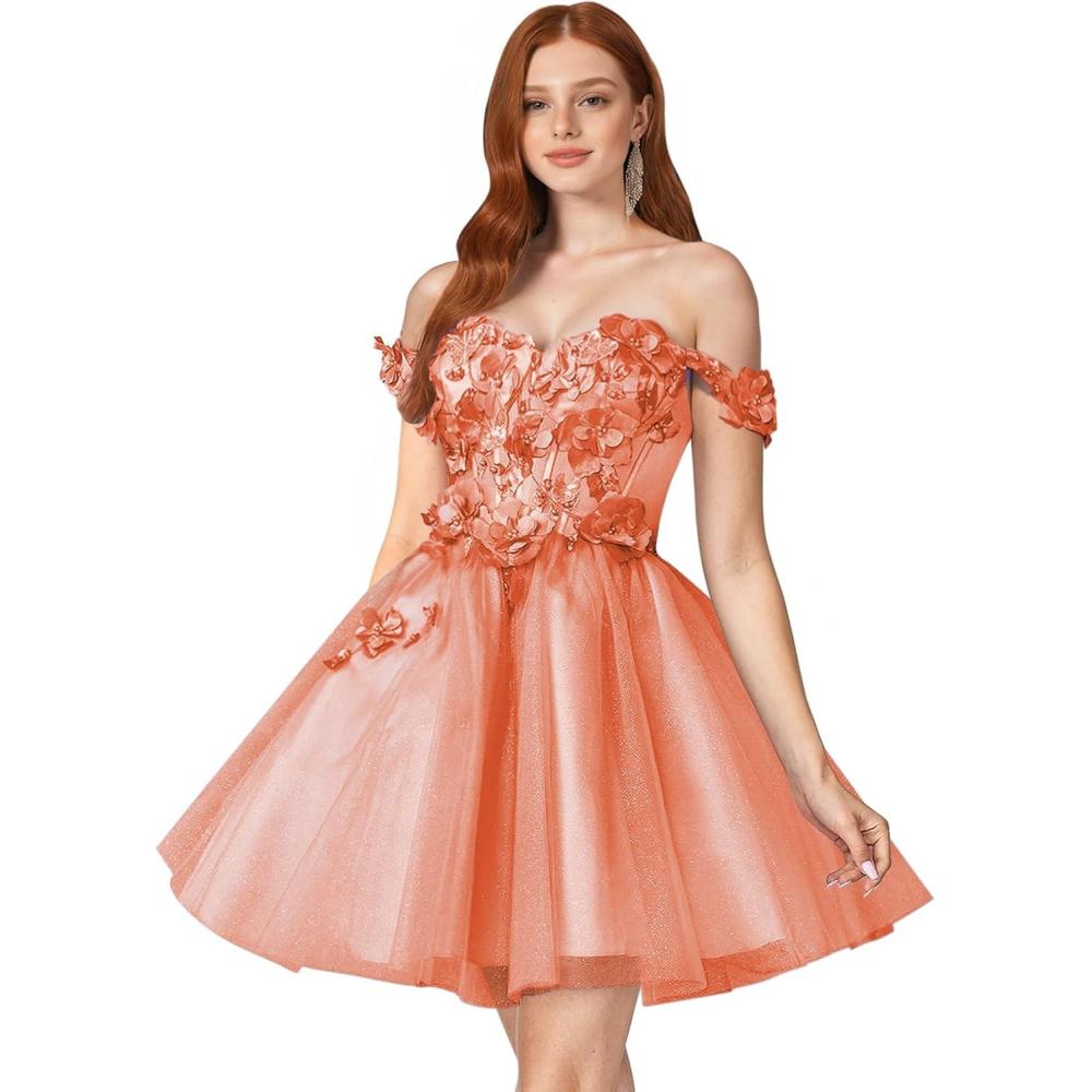 imageYoujiayi 3D Floral Short Homecoming Dresses for Teens Off Shoulder DAMA Dress for Quinceanera Puffy Beaded Short Prom GownCoral