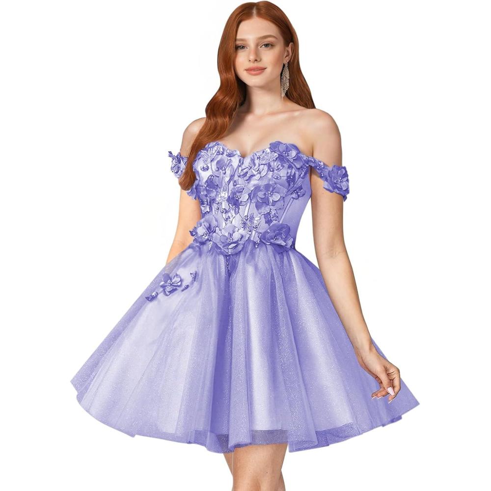 imageYoujiayi 3D Floral Short Homecoming Dresses for Teens Off Shoulder DAMA Dress for Quinceanera Puffy Beaded Short Prom GownDark Lavender
