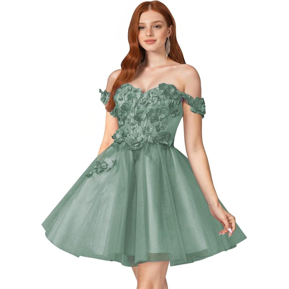 imageYoujiayi 3D Floral Short Homecoming Dresses for Teens Off Shoulder DAMA Dress for Quinceanera Puffy Beaded Short Prom GownDusty Sage
