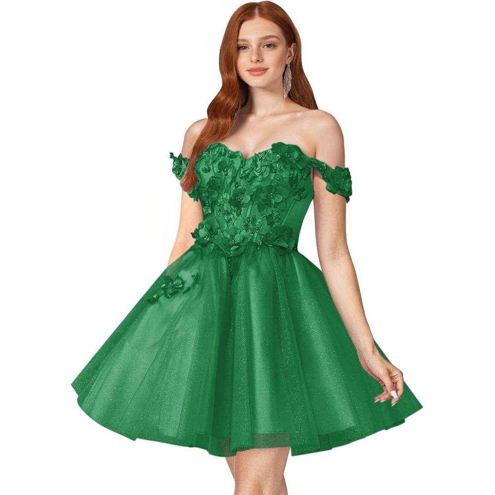 imageYoujiayi 3D Floral Short Homecoming Dresses for Teens Off Shoulder DAMA Dress for Quinceanera Puffy Beaded Short Prom GownEmerald Green