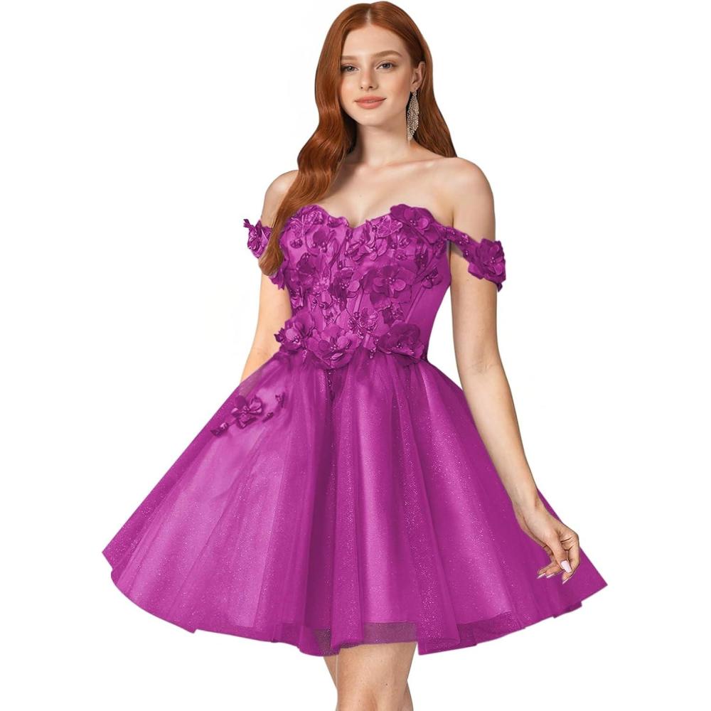 imageYoujiayi 3D Floral Short Homecoming Dresses for Teens Off Shoulder DAMA Dress for Quinceanera Puffy Beaded Short Prom GownFuchsia