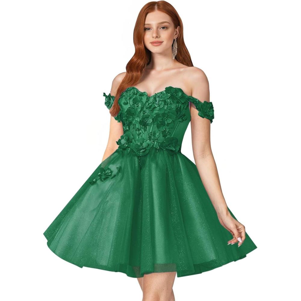 imageYoujiayi 3D Floral Short Homecoming Dresses for Teens Off Shoulder DAMA Dress for Quinceanera Puffy Beaded Short Prom GownGreen
