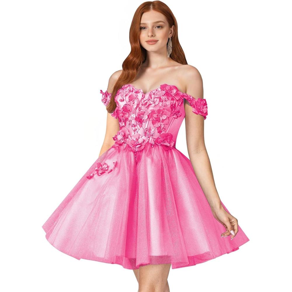 imageYoujiayi 3D Floral Short Homecoming Dresses for Teens Off Shoulder DAMA Dress for Quinceanera Puffy Beaded Short Prom GownHot Pink