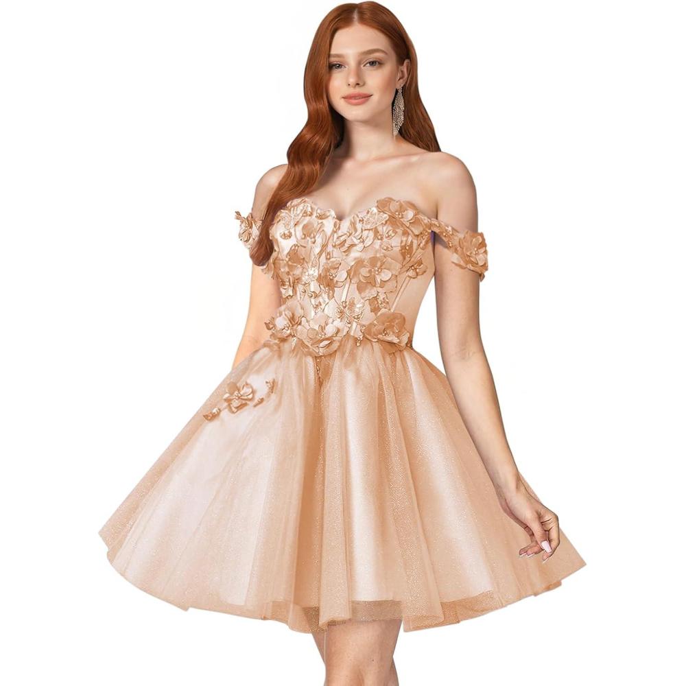 imageYoujiayi 3D Floral Short Homecoming Dresses for Teens Off Shoulder DAMA Dress for Quinceanera Puffy Beaded Short Prom GownPeach