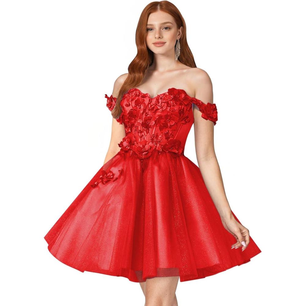 imageYoujiayi 3D Floral Short Homecoming Dresses for Teens Off Shoulder DAMA Dress for Quinceanera Puffy Beaded Short Prom GownRed