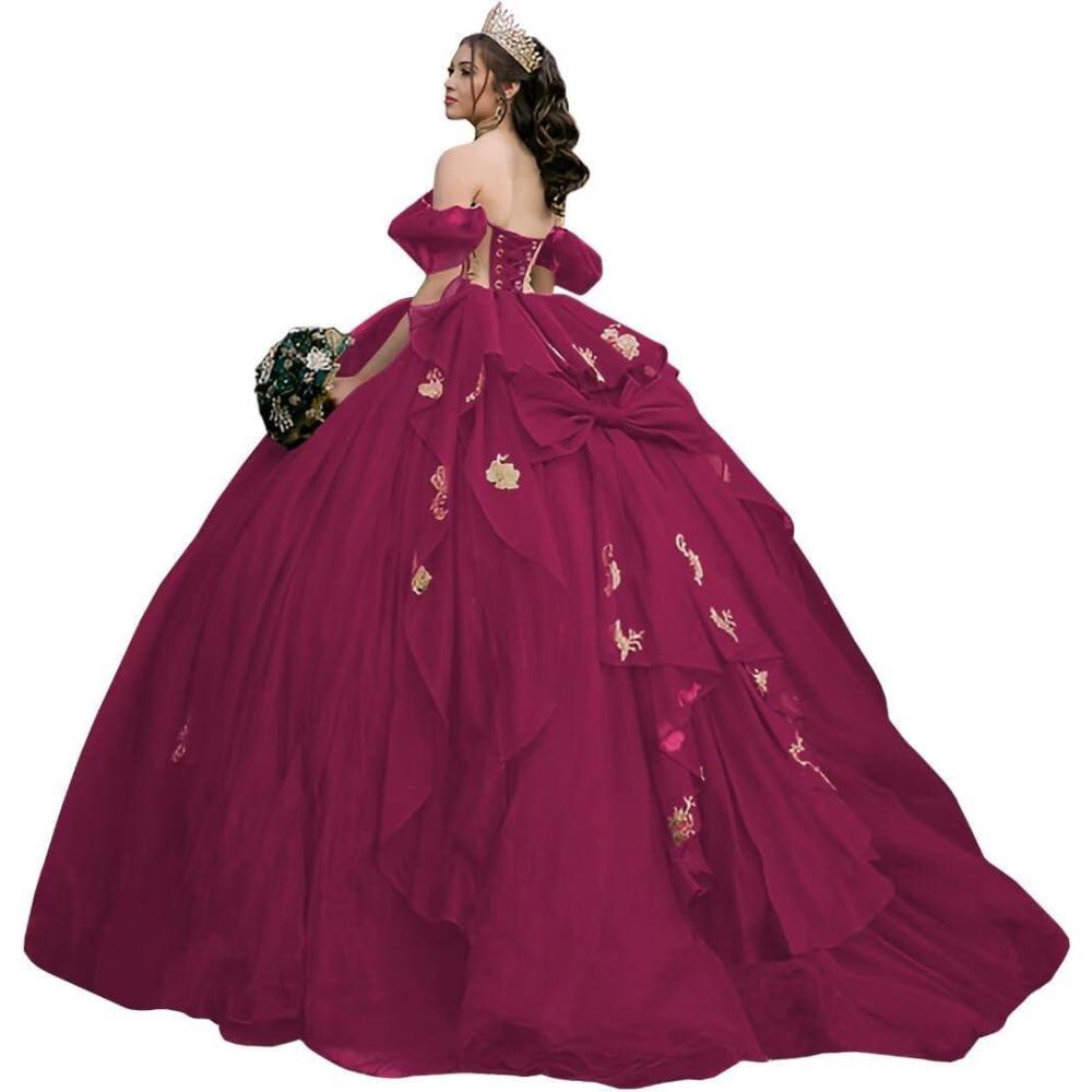 imageYoujiayi Gold Appliques Quinceanera Dresses with Bow Sparkly Beaded Sweet 16 Dresses for Women Off Shoulder Lace Ball GownBerry