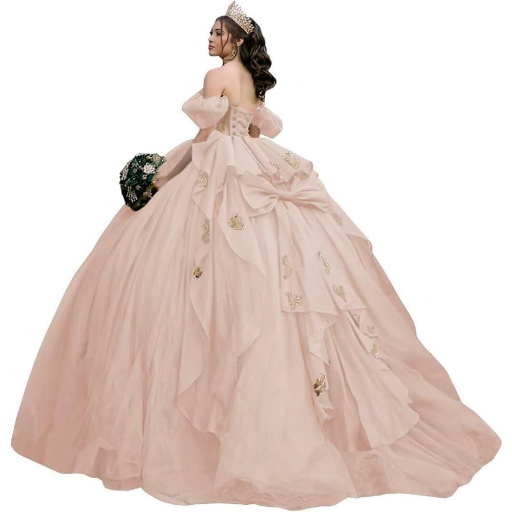 imageYoujiayi Gold Appliques Quinceanera Dresses with Bow Sparkly Beaded Sweet 16 Dresses for Women Off Shoulder Lace Ball GownBlush Pink
