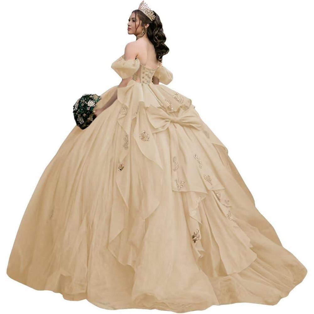 imageYoujiayi Gold Appliques Quinceanera Dresses with Bow Sparkly Beaded Sweet 16 Dresses for Women Off Shoulder Lace Ball GownChampagne