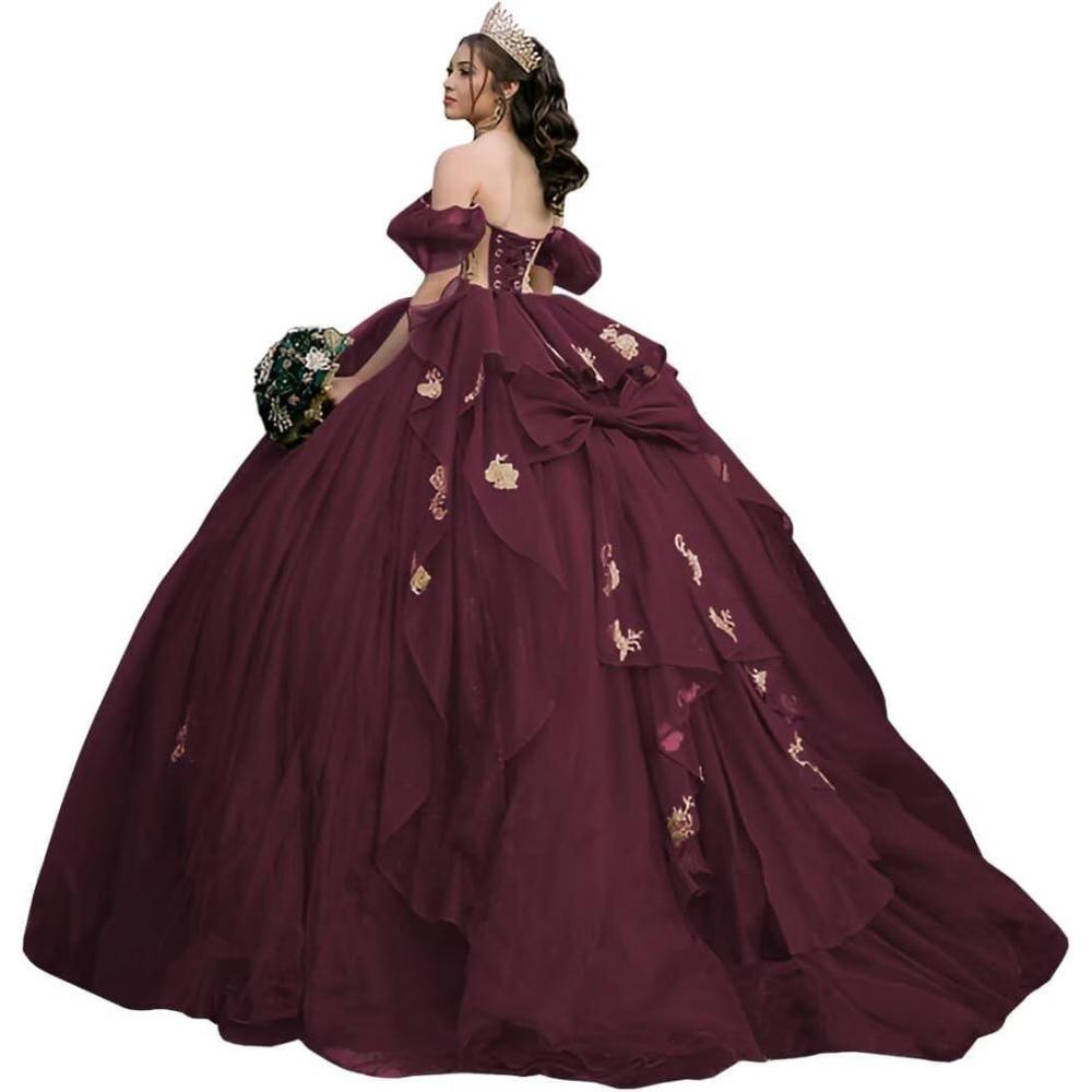 imageYoujiayi Gold Appliques Quinceanera Dresses with Bow Sparkly Beaded Sweet 16 Dresses for Women Off Shoulder Lace Ball GownDeep Burgundy