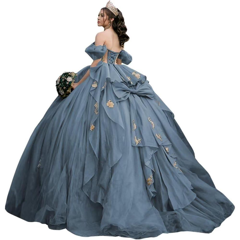 imageYoujiayi Gold Appliques Quinceanera Dresses with Bow Sparkly Beaded Sweet 16 Dresses for Women Off Shoulder Lace Ball GownDusty Blue
